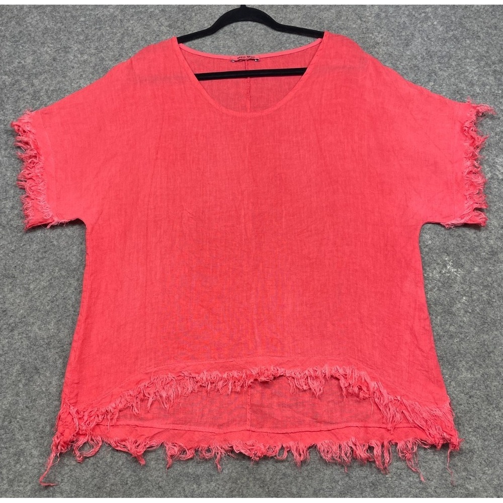 Meo Meli Linen Top Womens One Size Pink Boxy Fringe Lagenlook Boho Artsy Italy